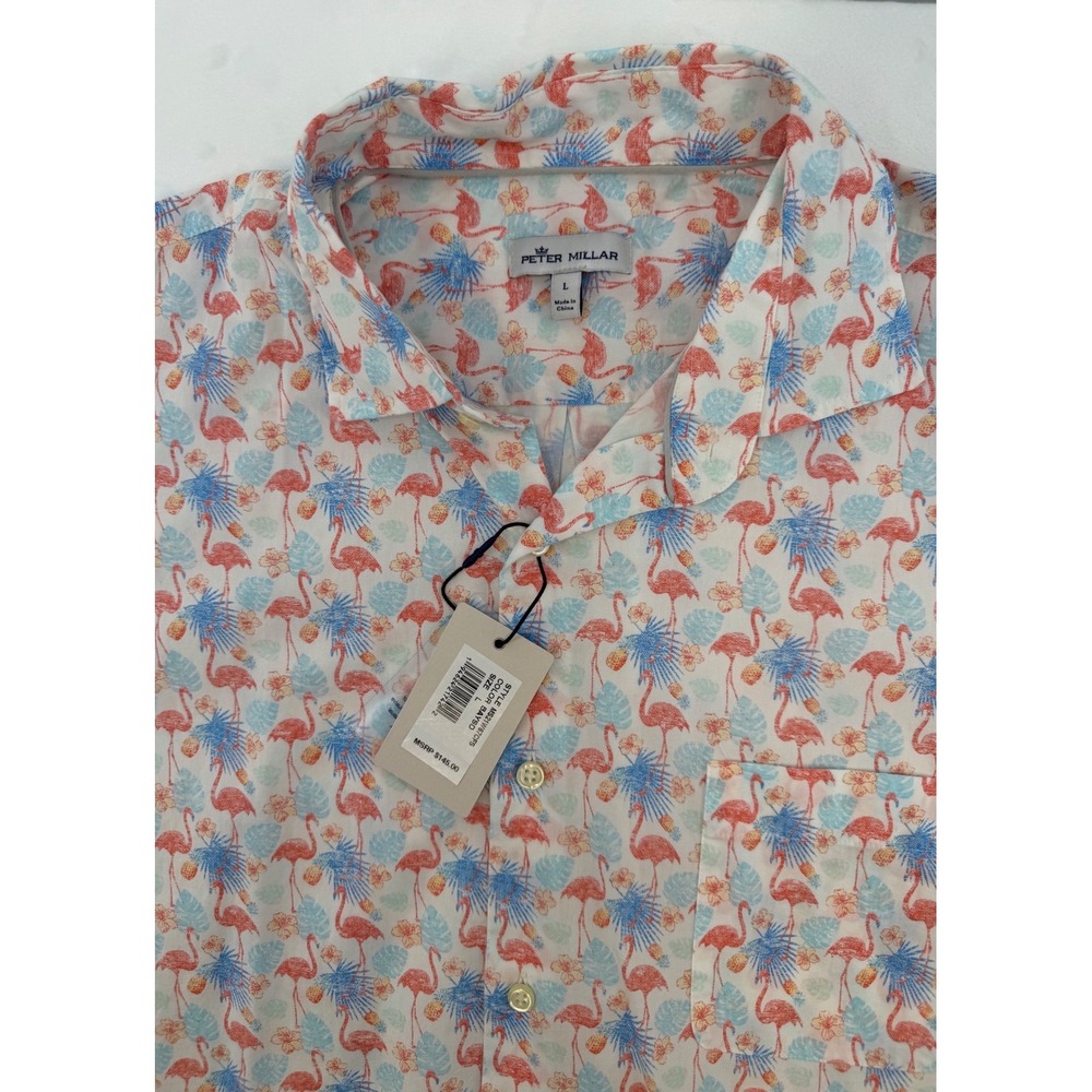 NWT Peter Millar polo men's L seaside tropical resort flamingo pattern coastal
